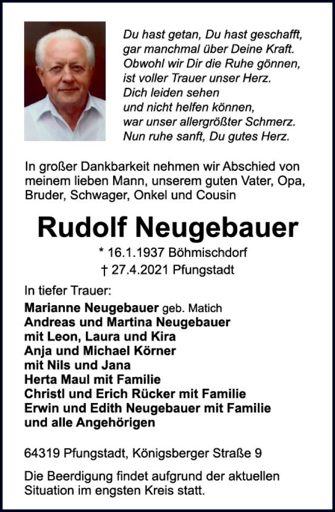  Traueranzeige für Rudolf Neugebauer vom 30.04.2021 aus vrm-trauer