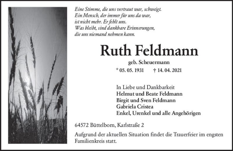  Traueranzeige für Ruth Feldmann vom 17.04.2021 aus vrm-trauer