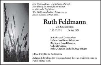 Traueranzeige von Ruth Feldmann von vrm-trauer