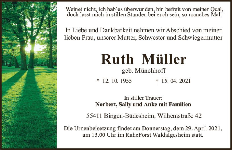  Traueranzeige für Ruth Müller vom 24.04.2021 aus vrm-trauer