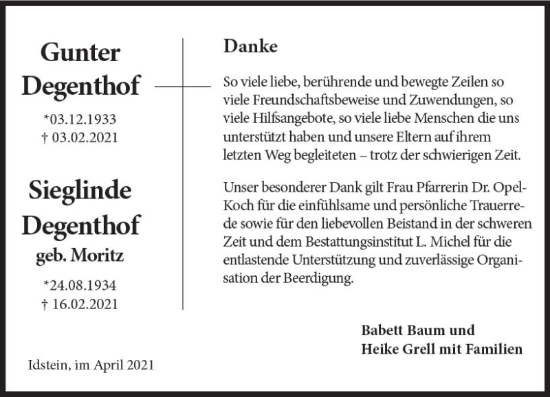  Traueranzeige für Sieglinde Degenthof vom 17.04.2021 aus vrm-trauer