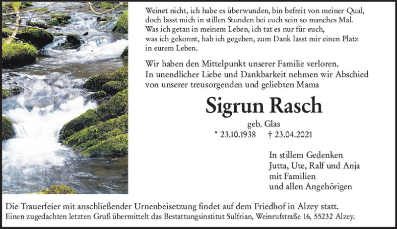  Traueranzeige für Sigrun Rasch vom 28.04.2021 aus vrm-trauer