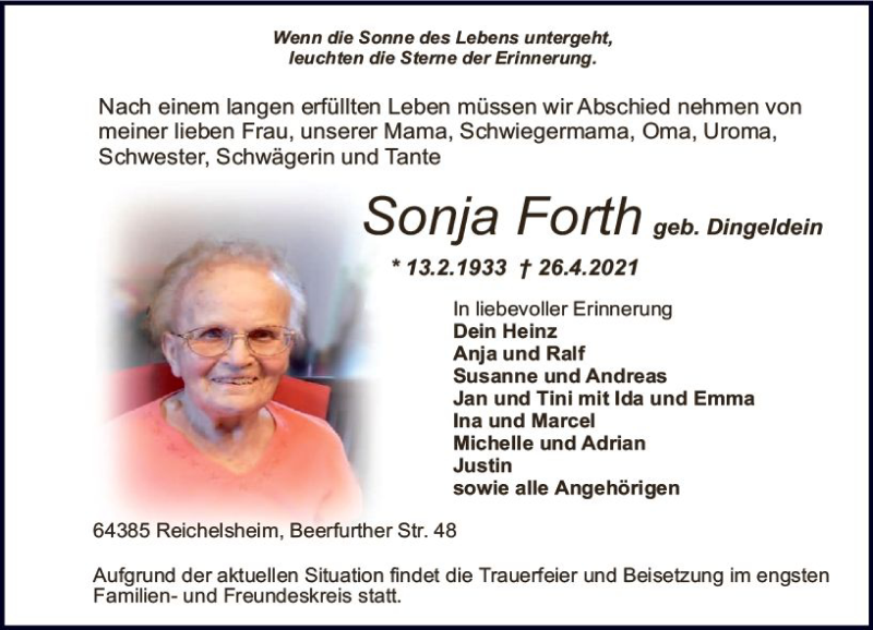  Traueranzeige für Sonja Forth vom 30.04.2021 aus vrm-trauer
