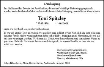 Traueranzeige von Toni Spitzley von vrm-trauer