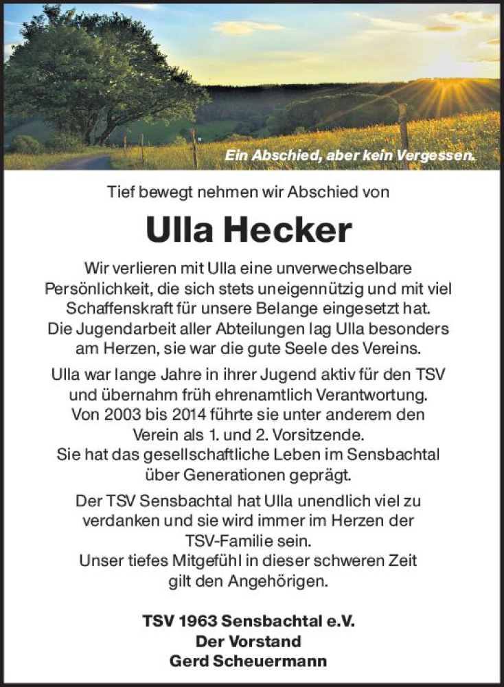  Traueranzeige für Ulla Hecker vom 03.04.2021 aus vrm-trauer