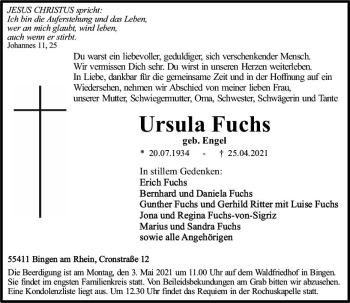 Traueranzeige von Ursula Fuchs von vrm-trauer