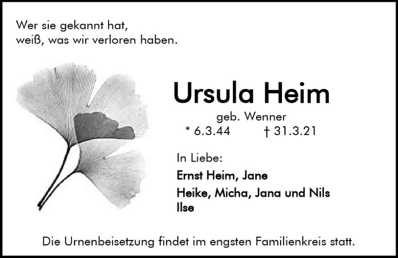  Traueranzeige für Ursula Heim vom 10.04.2021 aus vrm-trauer