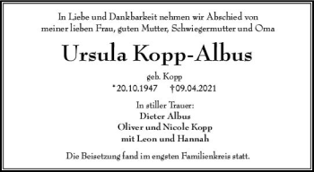 Traueranzeige von Ursula Kopp-Albus von vrm-trauer