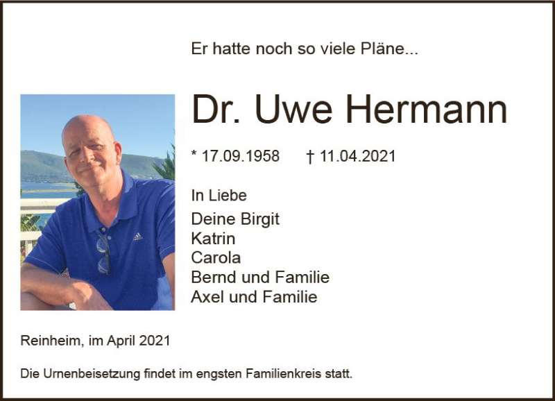  Traueranzeige für Uwe Hermann vom 17.04.2021 aus vrm-trauer