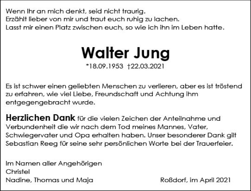  Traueranzeige für Walter Jung vom 17.04.2021 aus vrm-trauer