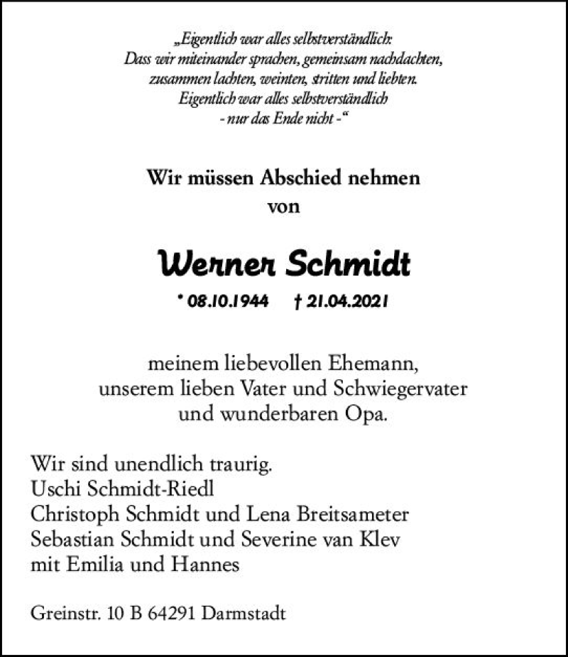  Traueranzeige für Wernen Schmidt vom 30.04.2021 aus vrm-trauer