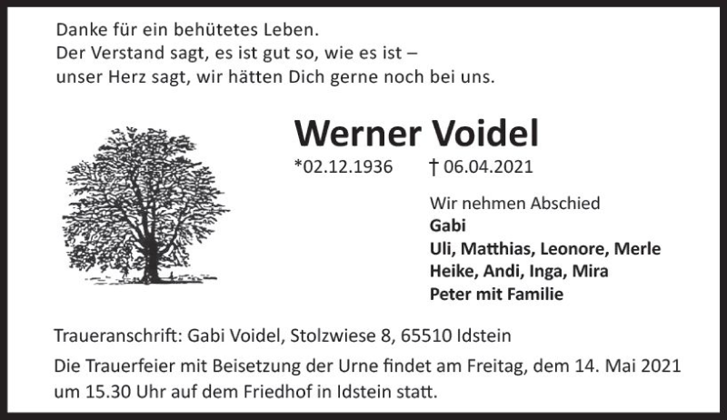 Traueranzeige für Werner Voidel vom 24.04.2021 aus vrm-trauer