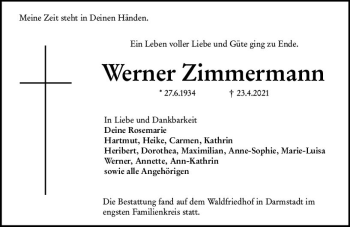Traueranzeige von Werner Zimmermann von vrm-trauer