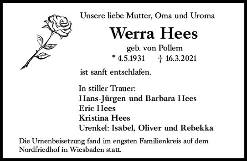  Traueranzeige für Werra Hees vom 03.04.2021 aus vrm-trauer