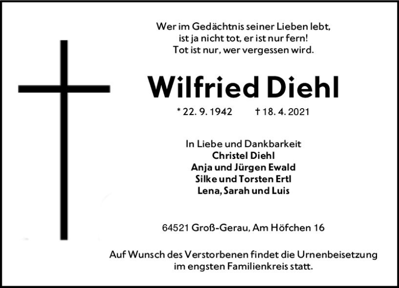  Traueranzeige für Wilfried Diehl vom 24.04.2021 aus vrm-trauer