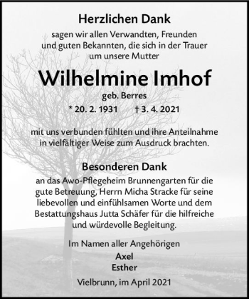 Traueranzeige von Wilhelmine Imhof von vrm-trauer