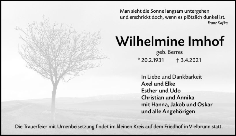  Traueranzeige für Wilhelmine Imhof vom 10.04.2021 aus vrm-trauer