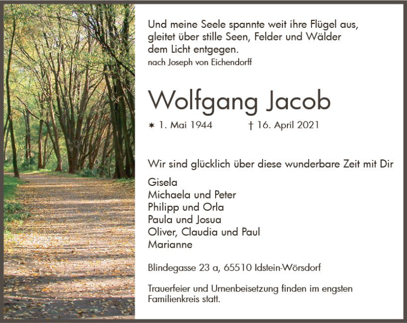  Traueranzeige für Wolfgang Jacob vom 24.04.2021 aus vrm-trauer