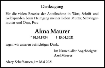 Traueranzeige von Alma Maurer von vrm-trauer