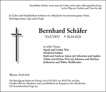 Traueranzeige von Bernhard Schäfer von vrm-trauer
