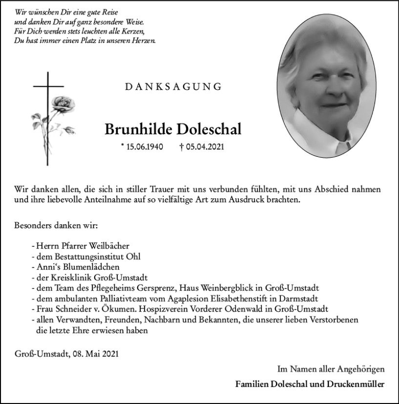  Traueranzeige für Brunhilde Doleschal vom 08.05.2021 aus vrm-trauer