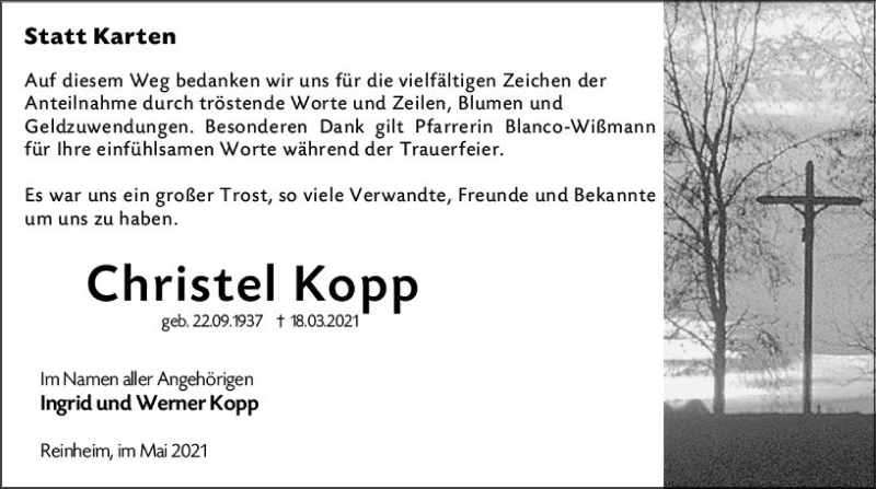  Traueranzeige für Christel Kopp vom 08.05.2021 aus vrm-trauer