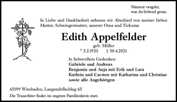 Traueranzeige von Edith Appelfelder von vrm-trauer