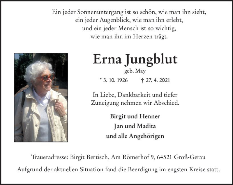  Traueranzeige für Erna Jungblut vom 08.05.2021 aus vrm-trauer
