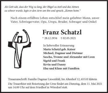Traueranzeige von Franz Schatzl von vrm-trauer