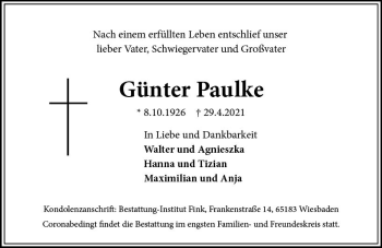 Traueranzeige von Günter Paulke von vrm-trauer