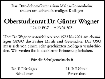 Traueranzeige von Günter Wagner von vrm-trauer