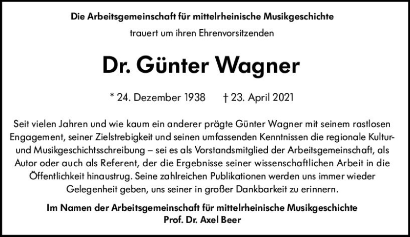  Traueranzeige für Günter Wagner vom 08.05.2021 aus vrm-trauer