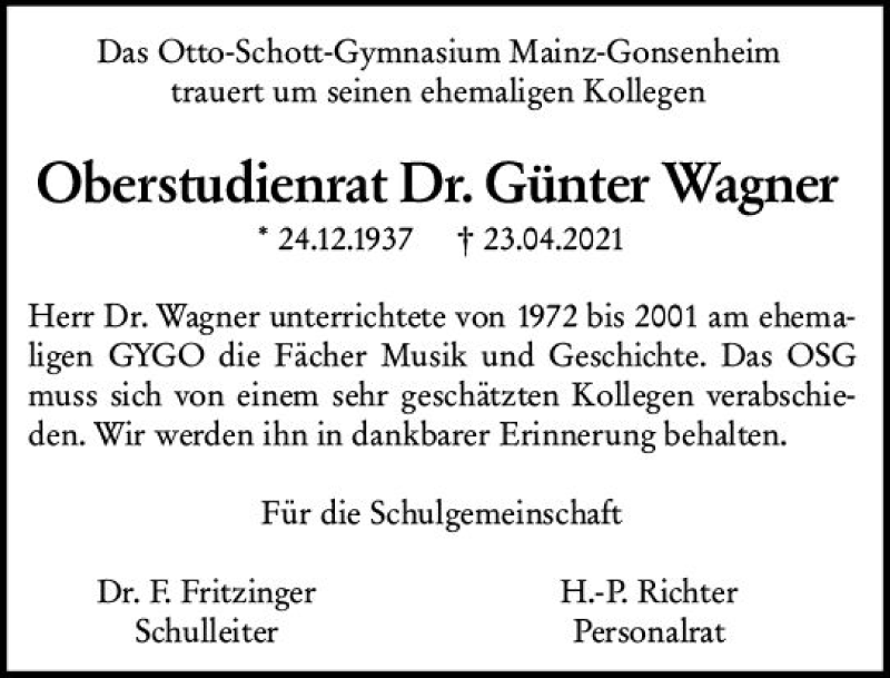  Traueranzeige für Günter Wagner vom 08.05.2021 aus vrm-trauer