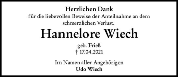 Traueranzeige von Hannelore Wiech von vrm-trauer