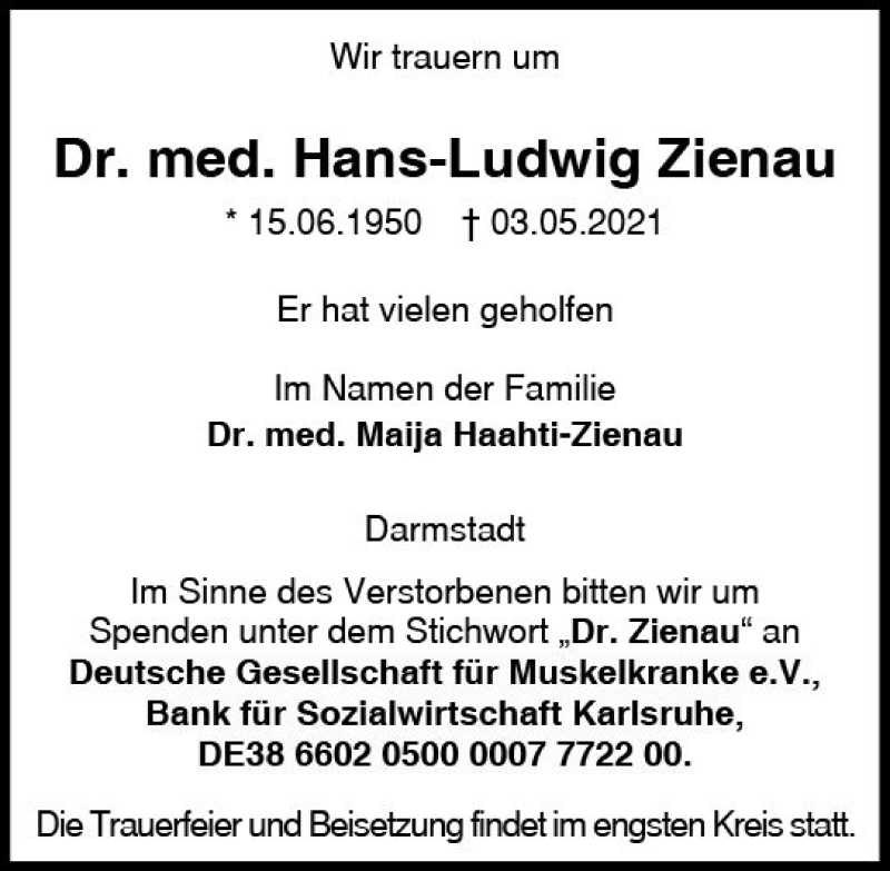  Traueranzeige für Hans-Ludwig Zienau vom 08.05.2021 aus vrm-trauer