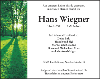 Traueranzeige von Hans Wiegner von vrm-trauer