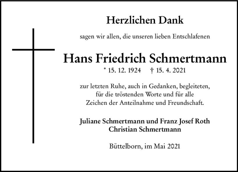  Traueranzeige für Hans Friedrich Schmertmann vom 08.05.2021 aus vrm-trauer