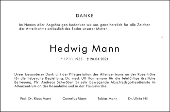 Traueranzeige von Hedwig Mann von vrm-trauer