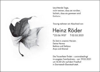 Traueranzeige von Heinz Röder von vrm-trauer