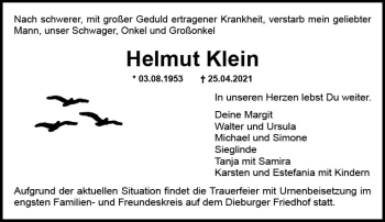 Traueranzeige von Helmut Klein von vrm-trauer