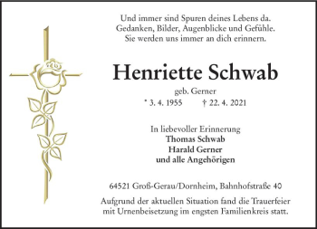 Traueranzeige von Henriette Schwab von vrm-trauer