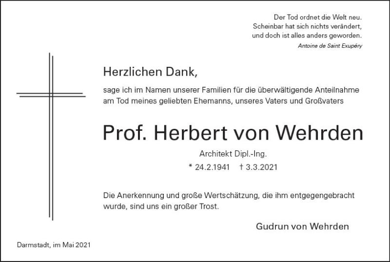  Traueranzeige für Herbert von Wehrden vom 08.05.2021 aus vrm-trauer
