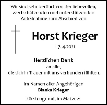 Traueranzeige von Horst Krieger von vrm-trauer