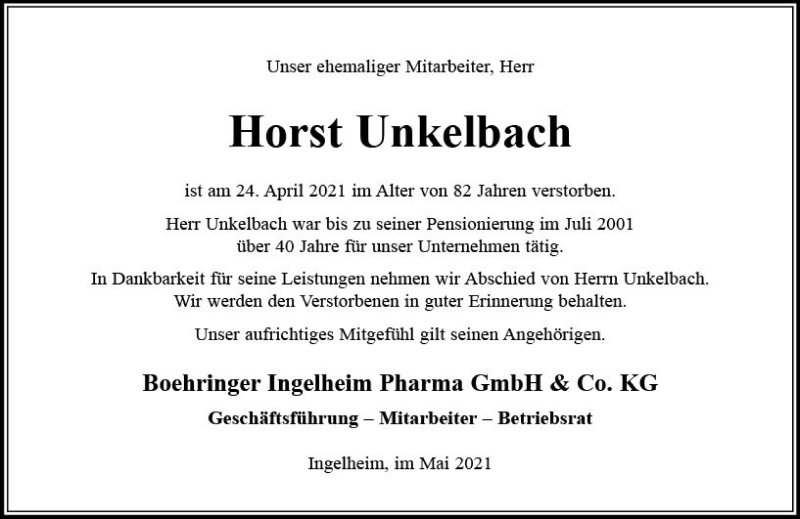  Traueranzeige für Horst Unkelbach vom 04.05.2021 aus vrm-trauer