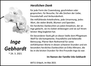 Traueranzeige von Inge Gebhardt von vrm-trauer