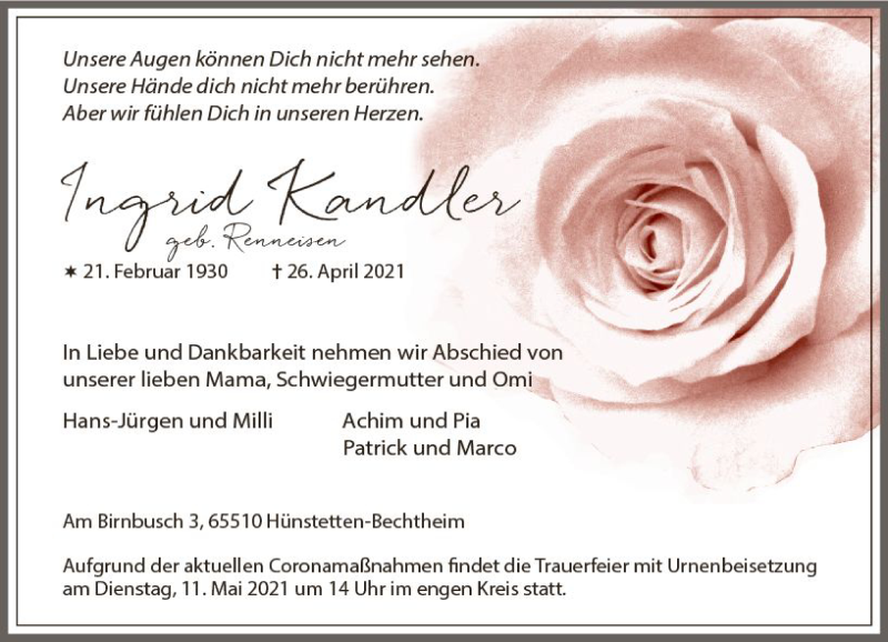  Traueranzeige für Ingrid Kandler vom 08.05.2021 aus vrm-trauer