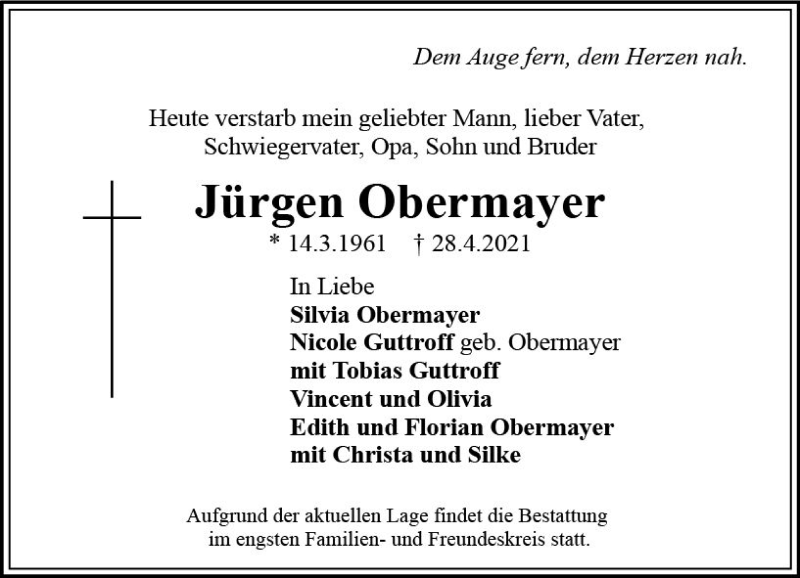  Traueranzeige für Jürgen Obermayer vom 06.05.2021 aus vrm-trauer