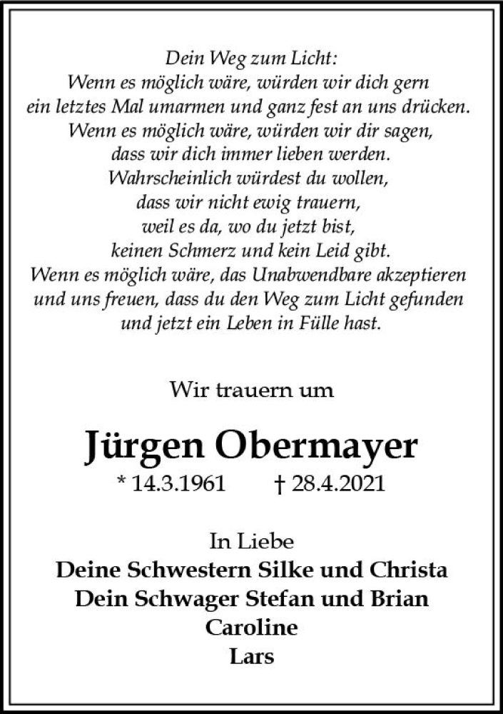  Traueranzeige für Jürgen Obermayer vom 05.05.2021 aus vrm-trauer