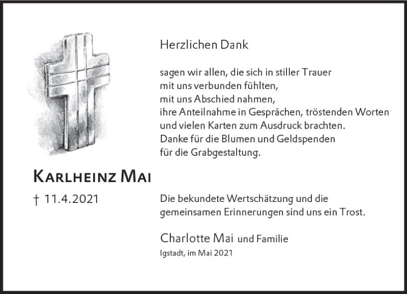  Traueranzeige für Karlheinz Mai vom 08.05.2021 aus vrm-trauer