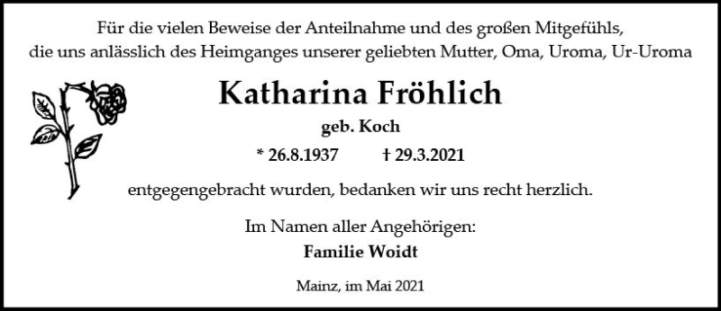  Traueranzeige für Katharina Fröhlich vom 08.05.2021 aus vrm-trauer